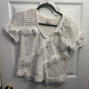 Anthropologie‎ White Fringe Knit Top